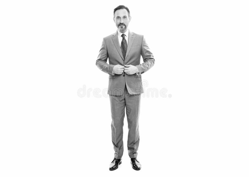 Lächelnder grizzles Chef im Business wie Anzug voll Länge isoliert auf weißen Geschäftsmann lizenzfreie stockfotografie