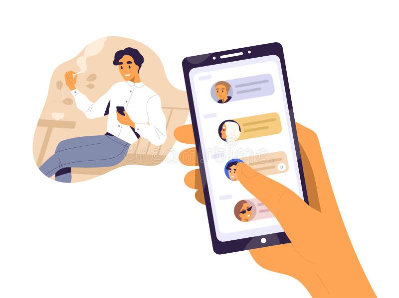 Lächelnder Internetnutzung Smartphone des Mannes surfender während der Rauchen flachen Abbildung des Vektors. die menschliche Hand vektor abbildung