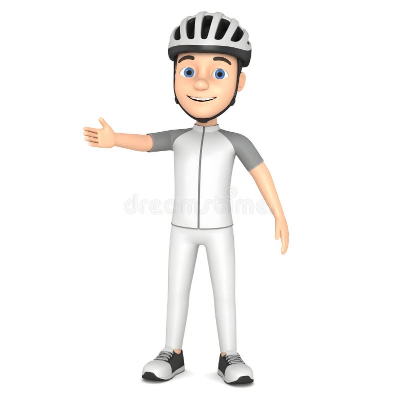 Lächelnder männlicher Fahrradanzug mit Helm und Happy Hand Gesten 3D Icon isoliert auf weißem Hintergrund lizenzfreie abbildung