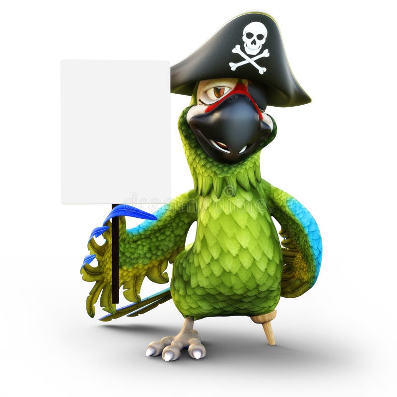 Lächelnder Piratenpapagei mit dem Klammerbein, -hut und -flecken, die ein leeres Zeichen des weißen Brettes mit Raum für Text ode stock abbildung Lächelnder Piratenpapagei mit dem Klammerbein, -hut und -flecken, die ein leeres Zeichen des weißen Brettes mit Raum für Text ode stock abbildung