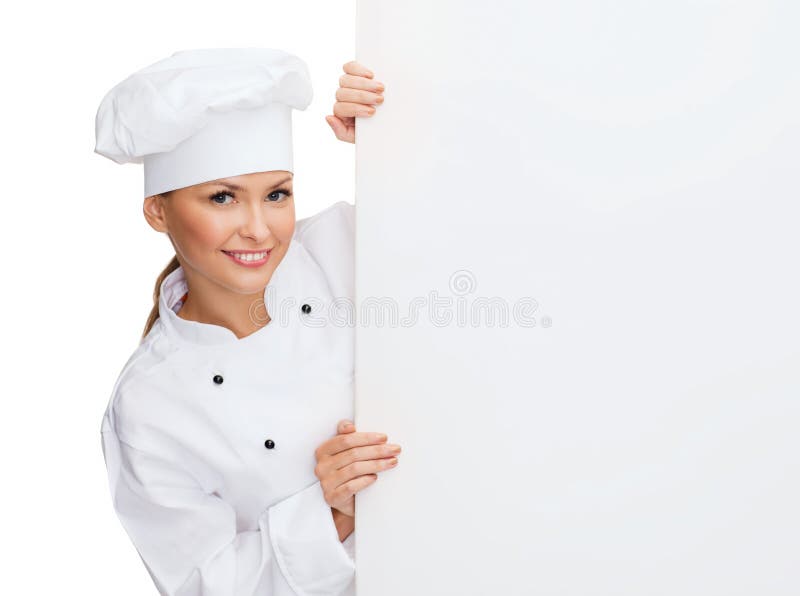 Lächelnder weiblicher Chef mit weißem leerem Brett lizenzfreie stockfotografie Lächelnder weiblicher Chef mit weißem leerem Brett lizenzfreie stockfotografie