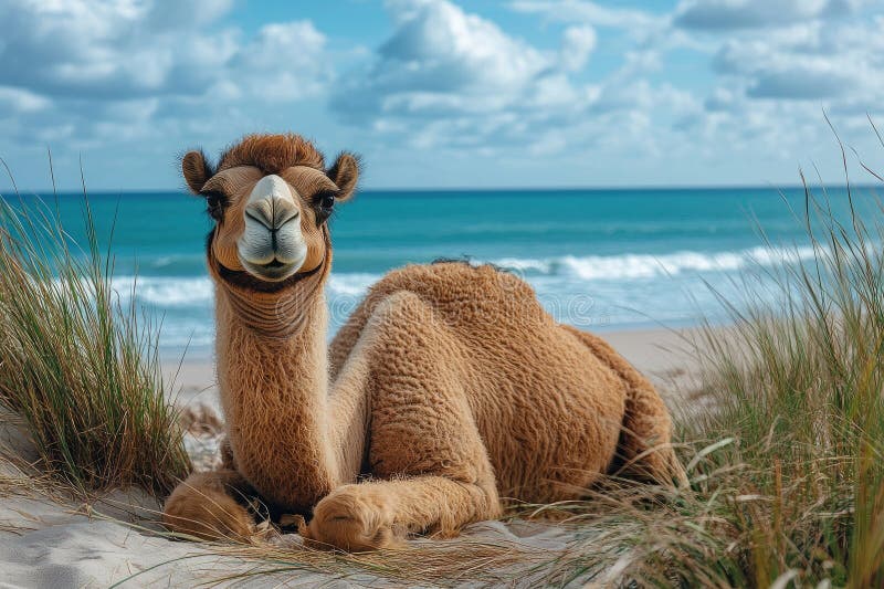 Lächelndes Camel Relaxen am Sandstrand am Ozean stock abbildung