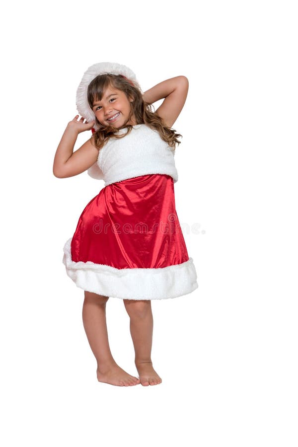 Lächelndes nettes kleines Mädchen in Santa Claus-Kostüm lokalisiert stockfotografie Lächelndes nettes kleines Mädchen in Santa Claus-Kostüm lokalisiert stockfotografie