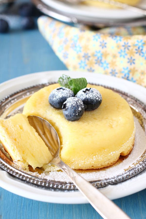 Läcker puddingkaka för citron som tjänas som med bär arkivfoton Läcker puddingkaka för citron som tjänas som med bär arkivfoton