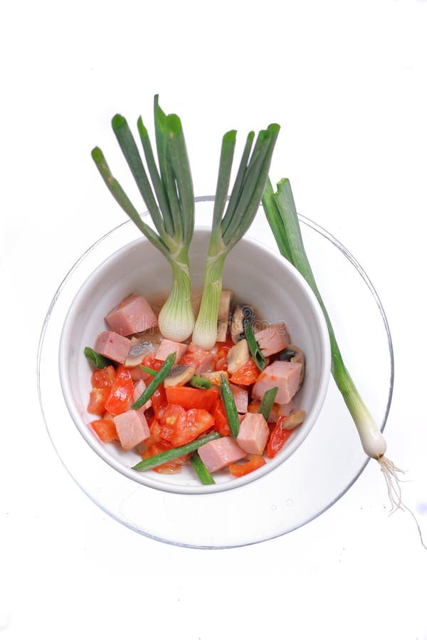 Läcker sallad av skinka, tomaten, peppar och salladslöken på en vit platta close upp royaltyfri foto Läcker sallad av skinka, tomaten, peppar och salladslöken på en vit platta close upp royaltyfri foto