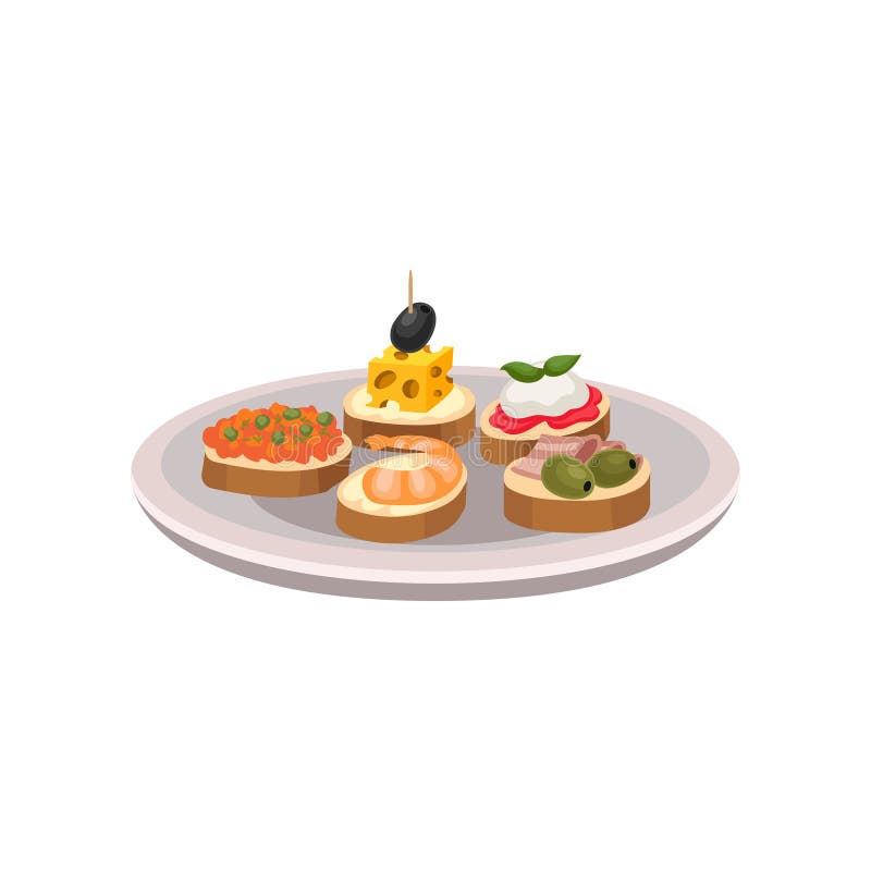 Läckra tapas med olika ingredienser Traditionella spanska mellanmål på plattan Plan vektor för annonsering av affischen stock illustrationer Läckra tapas med olika ingredienser Traditionella spanska mellanmål på plattan Plan vektor för annonsering av affischen stock illustrationer