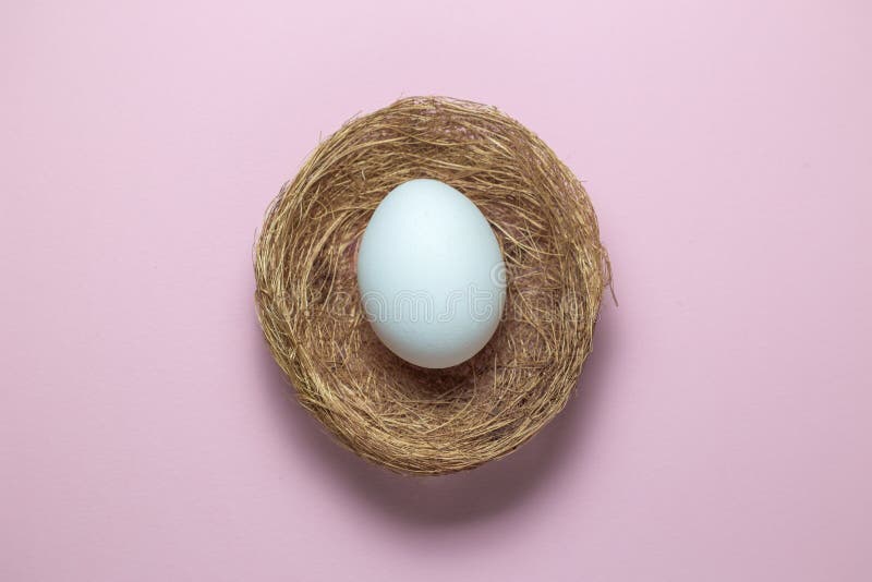 Lägenhet som är lekmanna- av ett ägg i rede på vanlig rosa bakgrund royaltyfri bild Lägenhet som är lekmanna- av ett ägg i rede på vanlig rosa bakgrund royaltyfri bild