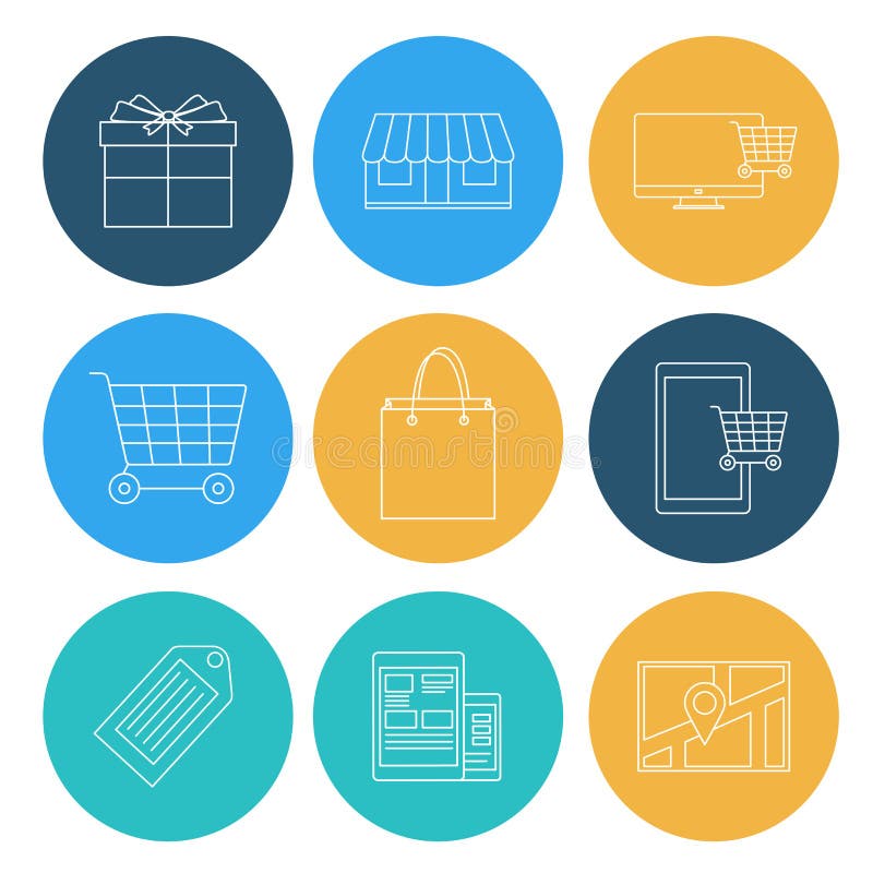 Lägenheten fodrar shoppingsymboler, ecommerce stock illustrationer Lägenheten fodrar shoppingsymboler, ecommerce stock illustrationer
