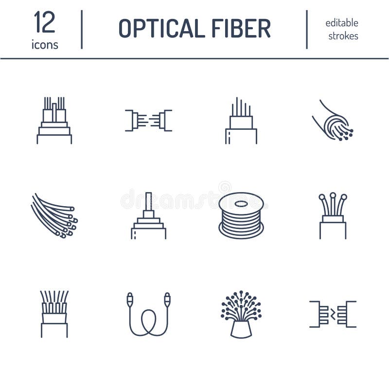 Lägenhetlinje symboler för optisk fiber Nätverksanslutning, datortråd, kabelspole, dataöverföring Tunt tecken för stock illustrationer Lägenhetlinje symboler för optisk fiber Nätverksanslutning, datortråd, kabelspole, dataöverföring Tunt tecken för stock illustrationer