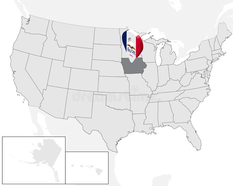 Lägeöversikt av tillståndet Iowa på översikten USA för Iowa för tillstånd 3d stift för läge för markör för översikt flagga Högkva vektor illustrationer Lägeöversikt av tillståndet Iowa på översikten USA för Iowa för tillstånd 3d stift för läge för markör för översikt flagga Högkva vektor illustrationer