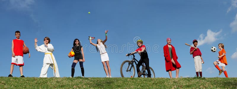 web banner of Group of diverse children or kids at summer sports camp , activity and sport. web banner of Group of diverse children or kids at summer sports camp , activity and sport