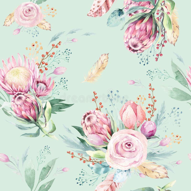 Lämnar förgrena sig blommar den blom- modellen för handteckningsvattenfärgen med protearosen, och Bohemiska sömlösa guld- rosa fä vektor illustrationer Lämnar förgrena sig blommar den blom- modellen för handteckningsvattenfärgen med protearosen, och Bohemiska sömlösa guld- rosa fä vektor illustrationer