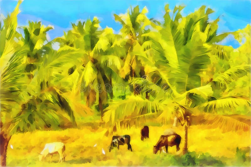 Ländliche Landschaft des Aquarells Indisches Dorf lizenzfreie abbildung Ländliche Landschaft des Aquarells Indisches Dorf lizenzfreie abbildung