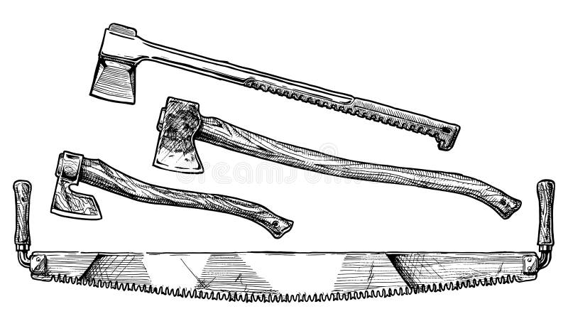 Vector hand drawn illustration of crosscut saw, splitting maul and felling axe. Lumberjack tool. Vector hand drawn illustration of crosscut saw, splitting maul and felling axe. Lumberjack tool.