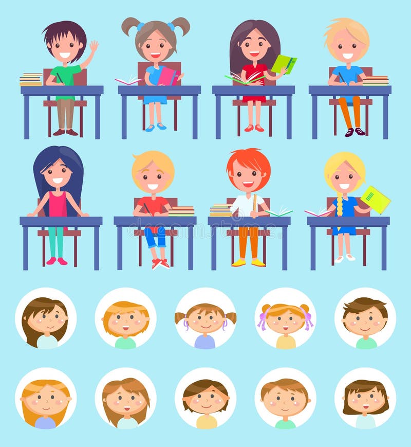 Lärare i skolan, klasser som sitter på skrivbord royaltyfri illustrationer