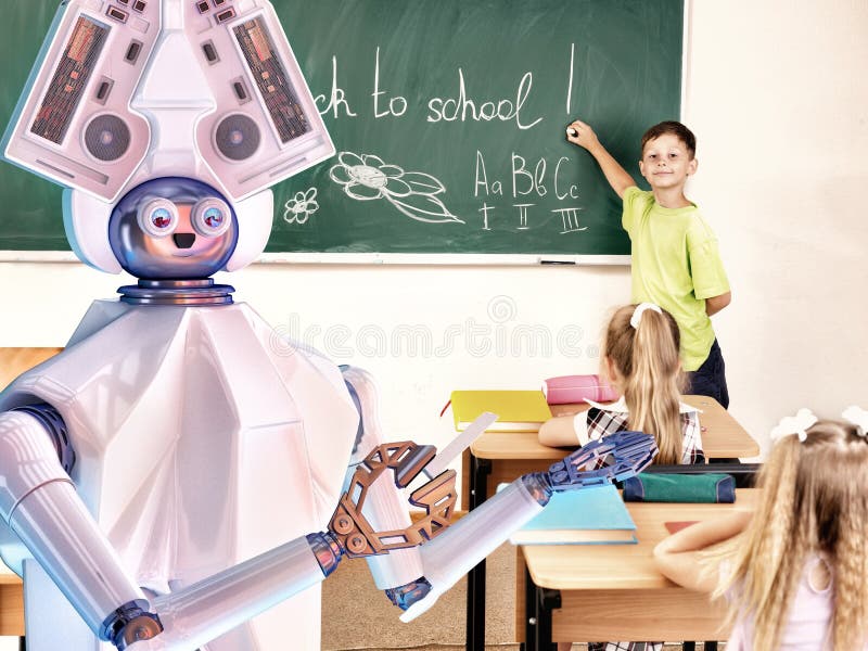 Lärarerobot med skolbarn i skolagrupp nära svart tavla royaltyfri foto Lärarerobot med skolbarn i skolagrupp nära svart tavla royaltyfri foto