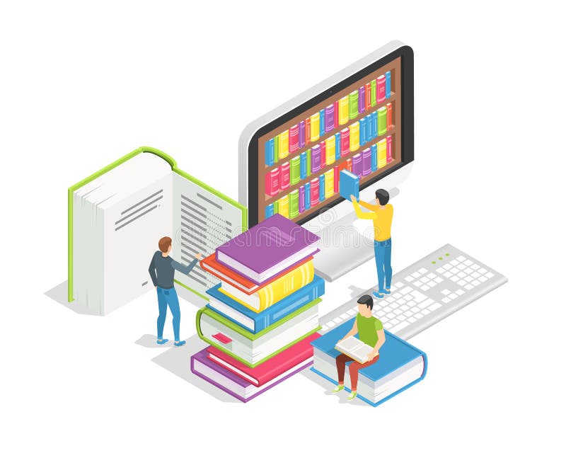 Läs- begrepp för bok Litet folk med enorma böcker Tutorials för distansutbildning för utbildningsonline-utbildningskurser och royaltyfri illustrationer