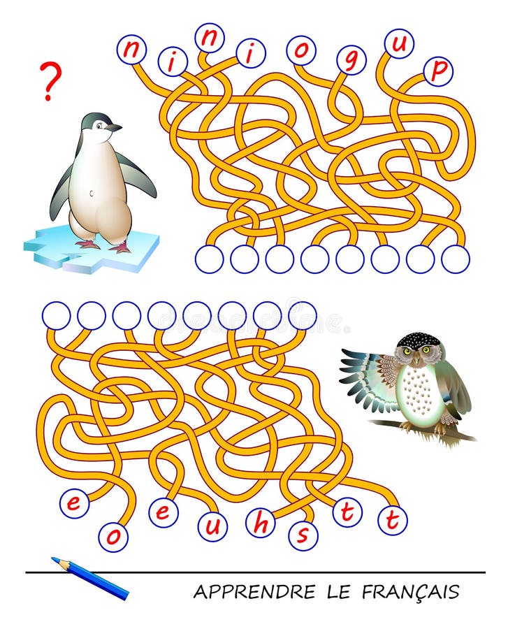Läs franska Logiskt pussel med söta fåglar för att studera franska Hitta rätt ställen för brev, skriv dem vektor illustrationer