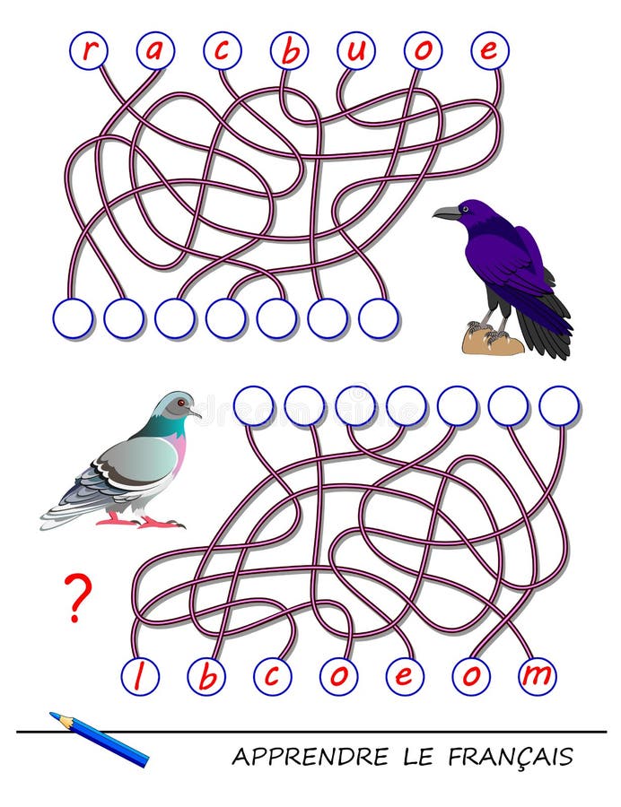 Läs franska Logiskt pussel med söta fåglar för att studera franska Hitta rätt ställen för brev, skriv dem vektor illustrationer