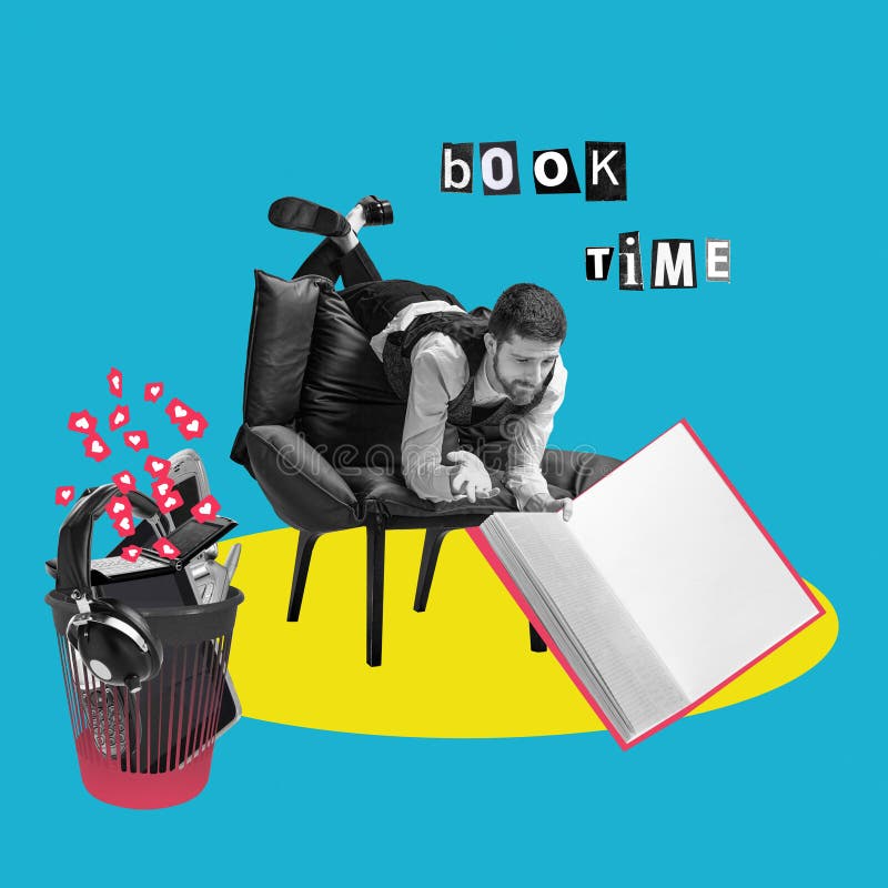 Man reading book on chair, having gadgets in trash can. Contemporary art collage. Alternative to gadgets. Concept of digital detox, addiction to gadgets. Focused reading without digital distractions. Man reading book on chair, having gadgets in trash can. Contemporary art collage. Alternative to gadgets. Concept of digital detox, addiction to gadgets. Focused reading without digital distractions.