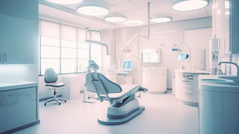 Lätt upplyst tandläkarkontor med soffa och datorer. Modernt, lätt upplyst tandläkarkontor med tålmodig undersökningssoffa och datorutrustning. Inredningsdesign för stomatologiklinik. genererad teknik för tandbehandling