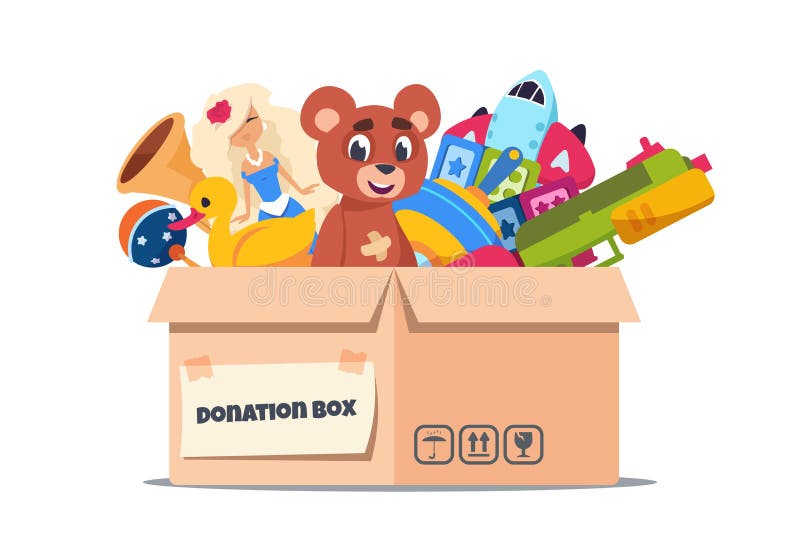 Låda för donationsleksak Behållare för papp med social omsorg och stöd till rena barn Frivillig Vector-välgörenhet och hjälp till vektor illustrationer Låda för donationsleksak Behållare för papp med social omsorg och stöd till rena barn Frivillig Vector-välgörenhet och hjälp till vektor illustrationer