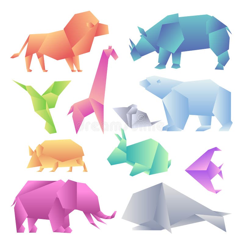 Låg poly modern lutningdjuruppsättning Djur för origamilutningpapper Lejon noshörning, kolibri, giraff, mus, björn royaltyfri illustrationer