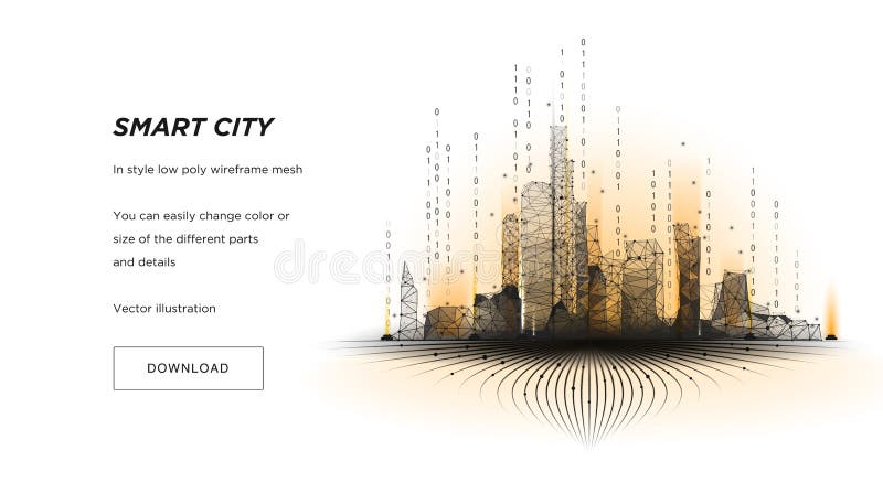 Låg poly wireframe för smart stad Stadshi techabstrakt begrepp eller metropolis Intelligent affärsidé för system för byggnadsauto vektor illustrationer