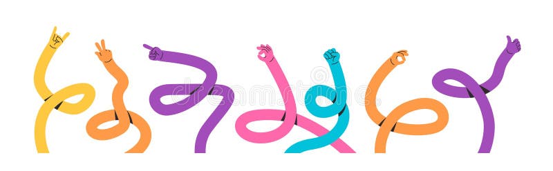 Långa, vridda händer. lekande tecknade, böjda armar med handrörelser av bergarnas fredstecken som pekar finger okej stock illustrationer