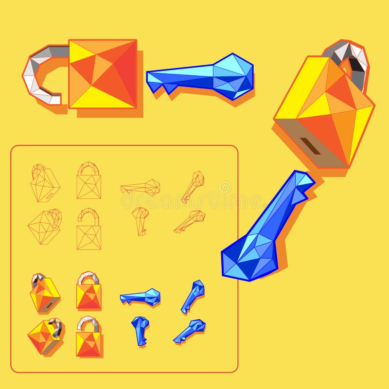 Lock with a key Vector icon geometric design. Colorful 3D pop art style. Many angles for your icons and illustrations. Fit for game design. EPS8. Lock with a key Vector icon geometric design. Colorful 3D pop art style. Many angles for your icons and illustrations. Fit for game design. EPS8