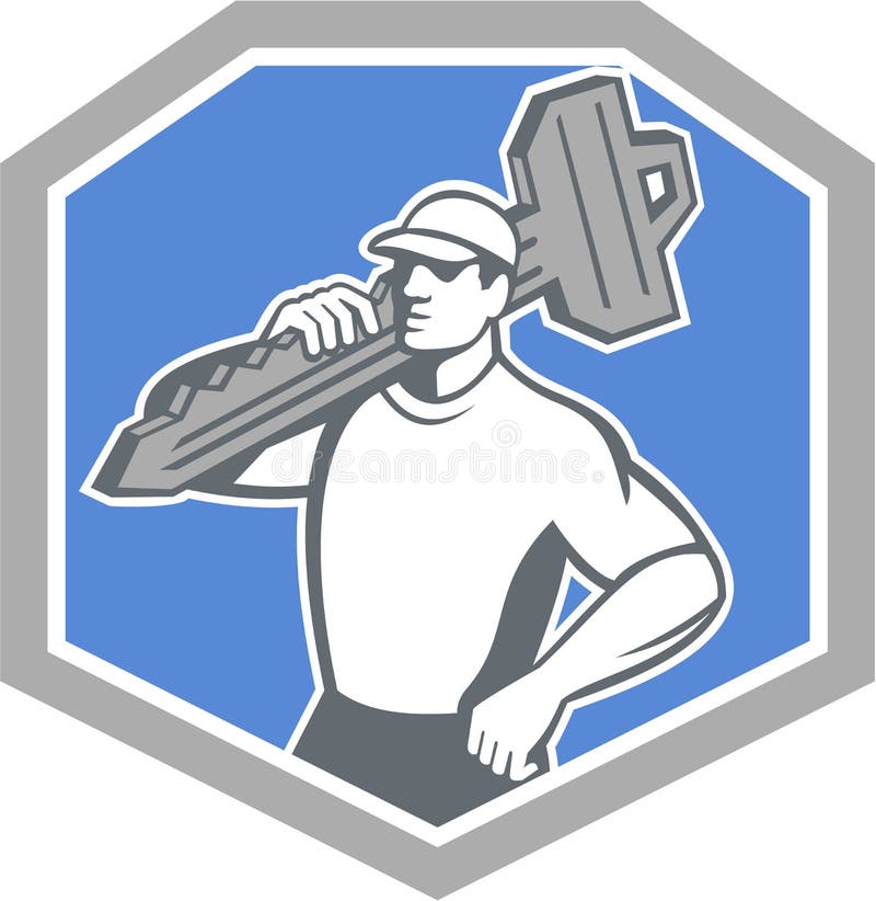 Låssmed Carry Key Shield Retro vektor illustrationer Låssmed Carry Key Shield Retro vektor illustrationer