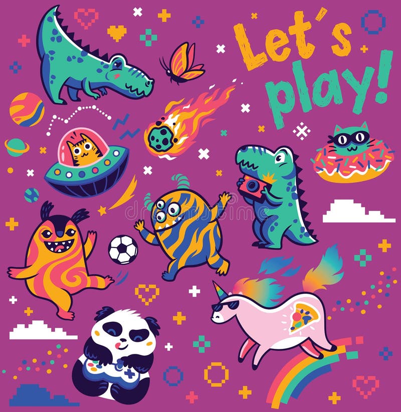 Let`s play. Fantasy collection with funny animals, dinosaurs, cosmic aliens, cool unicorn, panda gamer and other. Vector isolated objects. Let`s play. Fantasy collection with funny animals, dinosaurs, cosmic aliens, cool unicorn, panda gamer and other. Vector isolated objects.