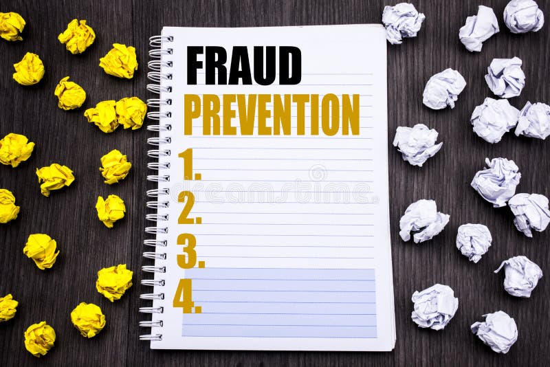 Conceptual hand writing text caption showing Fraud Prevention. Business concept for Crime Protection Written notepad note notebook book wooden background with sticky folded yellow and white. Conceptual hand writing text caption showing Fraud Prevention. Business concept for Crime Protection Written notepad note notebook book wooden background with sticky folded yellow and white