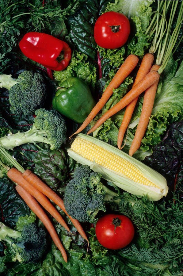 Red peppers, broccoli, carrots, leafy greens. Red peppers, broccoli, carrots, leafy greens