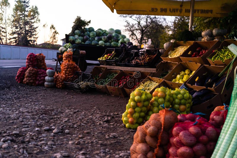 Légumes d'automne pour la vente de pommes de terre, choux, poivrons, tomates vertes, citrouilles Détail sur un marché routier Tar photos libres de droits Légumes d'automne pour la vente de pommes de terre, choux, poivrons, tomates vertes, citrouilles Détail sur un marché routier Tar photos libres de droits