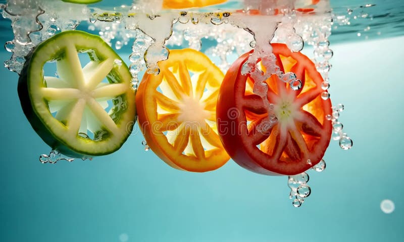 Légumes tranchés Vibrants Tombant Sous L'Eau Rafraîchissant Photographie De Nourriture Été illustration libre de droits