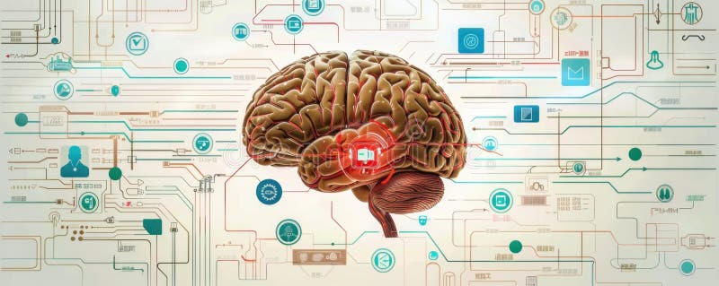 Symbols of modern technology are used to denote different areas of the brain in the technology theme of the sketch AI generated. Symbols of modern technology are used to denote different areas of the brain in the technology theme of the sketch AI generated