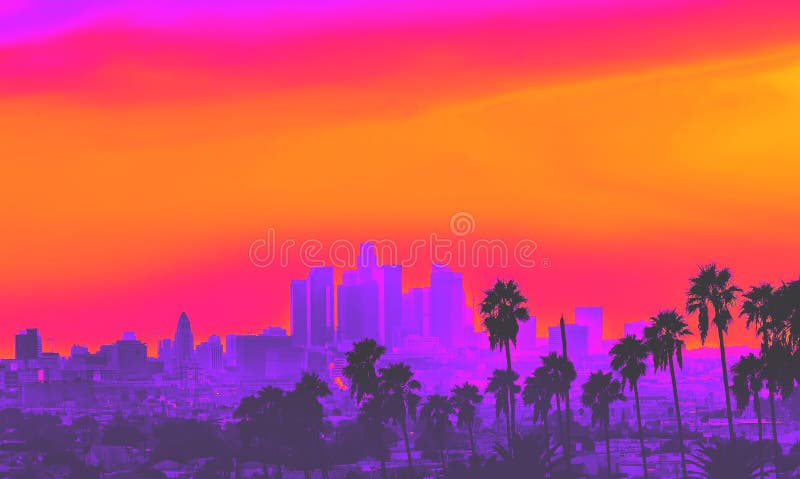 Downtown Los Angeles skyline at sunset with palm trees in the foreground synth wave style. Downtown Los Angeles skyline at sunset with palm trees in the foreground synth wave style