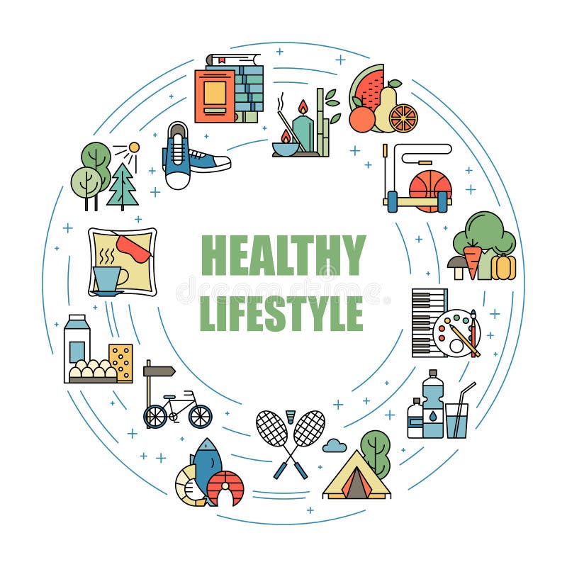Línea colorida iconos de los hábitos sanos de la forma de vida del vector Nutrición apropiada, actividad física, resto y afición