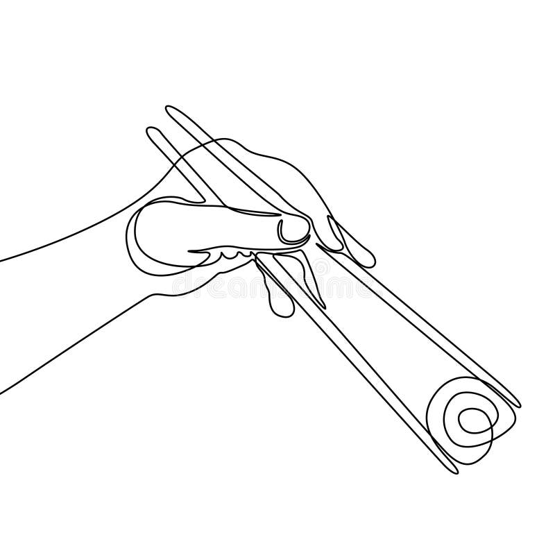 Línea continua palillo de la tenencia de la mano para comer el rollo de sushi ilustración del vector Línea continua palillo de la tenencia de la mano para comer el rollo de sushi ilustración del vector
