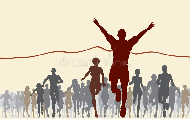 Editable illustration of a man winning a race. Editable illustration of a man winning a race