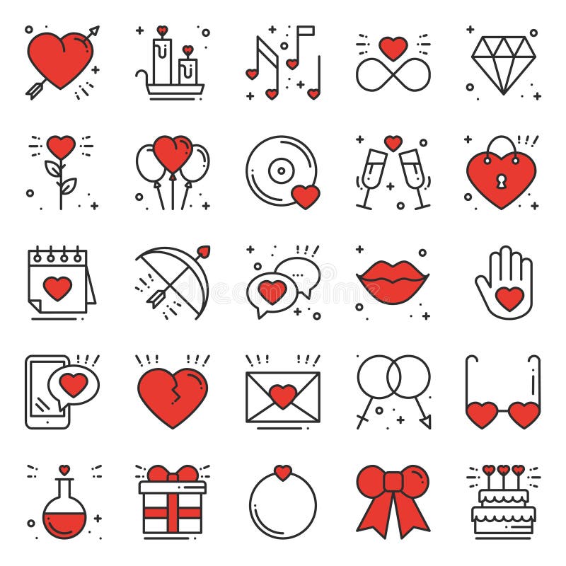 Línea de amor iconos fijados Muestras y símbolos felices del día de San Valentín Amor, par, relación, datación, boda, día de fies