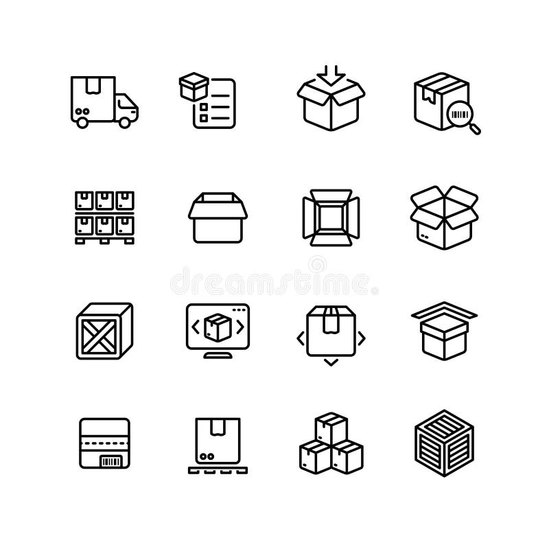Línea de embalaje del producto iconos Caja que almacena símbolos del vector del esquema stock de ilustración Línea de embalaje del producto iconos Caja que almacena símbolos del vector del esquema stock de ilustración