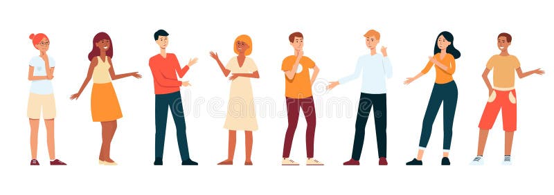 Línea de gente joven que se coloca y que habla, juego de caracteres plano de la historieta aislado en el fondo blanco ilustración del vector