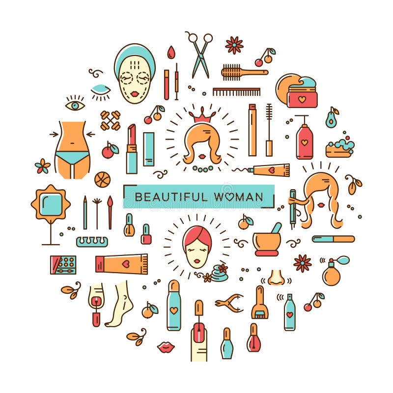 Línea determinada balneario hermoso de la belleza del cosmético del vector de la mujer del arte de los iconos libre illustration Línea determinada balneario hermoso de la belleza del cosmético del vector de la mujer del arte de los iconos libre illustration