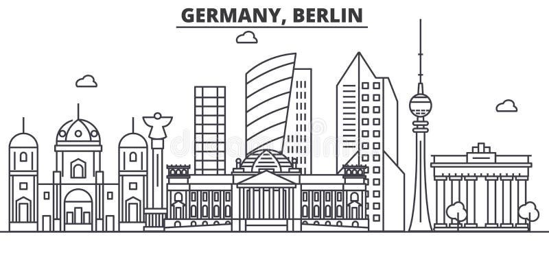 Línea ejemplo de la arquitectura de Alemania, Berlín del horizonte Paisaje urbano linear con las señales famosas, vistas del vect stock de ilustración Línea ejemplo de la arquitectura de Alemania, Berlín del horizonte Paisaje urbano linear con las señales famosas, vistas del vect stock de ilustración