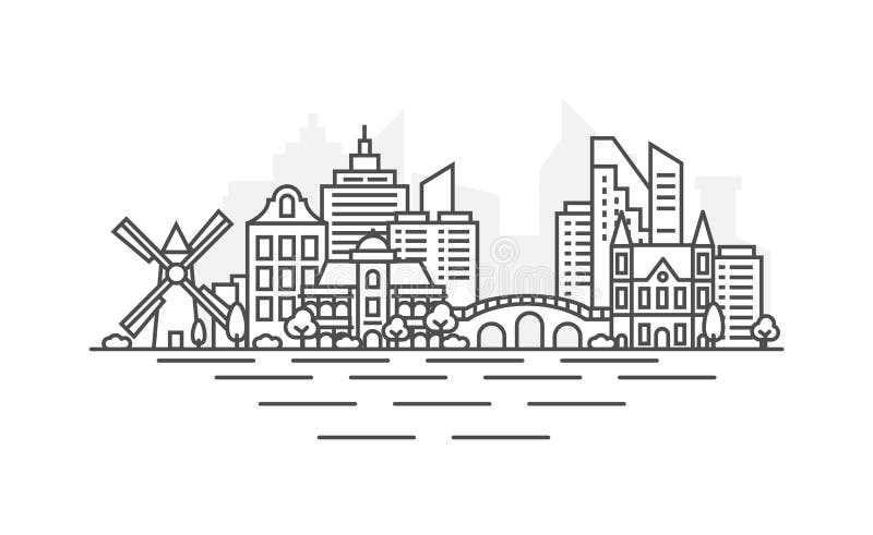 Línea ejemplo de la arquitectura de Amsterdam, Países Bajos del horizonte Paisaje urbano linear con las se?ales famosas, ciudad d libre illustration Línea ejemplo de la arquitectura de Amsterdam, Países Bajos del horizonte Paisaje urbano linear con las se?ales famosas, ciudad d libre illustration