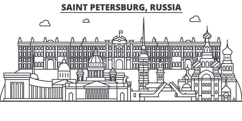 Línea ejemplo de la arquitectura de Rusia, St Petersburg del horizonte Paisaje urbano linear con las señales famosas, ciudad del ilustración del vector Línea ejemplo de la arquitectura de Rusia, St Petersburg del horizonte Paisaje urbano linear con las señales famosas, ciudad del ilustración del vector