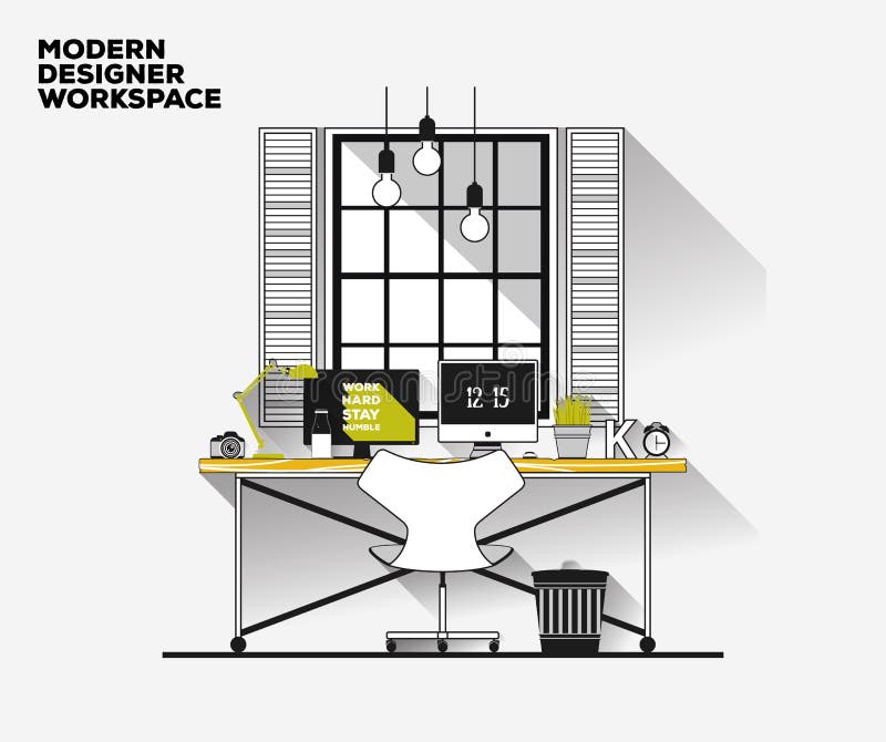 Línea fina diseño plano Lugar de trabajo moderno del diseñador ilustración del vector Línea fina diseño plano Lugar de trabajo moderno del diseñador ilustración del vector