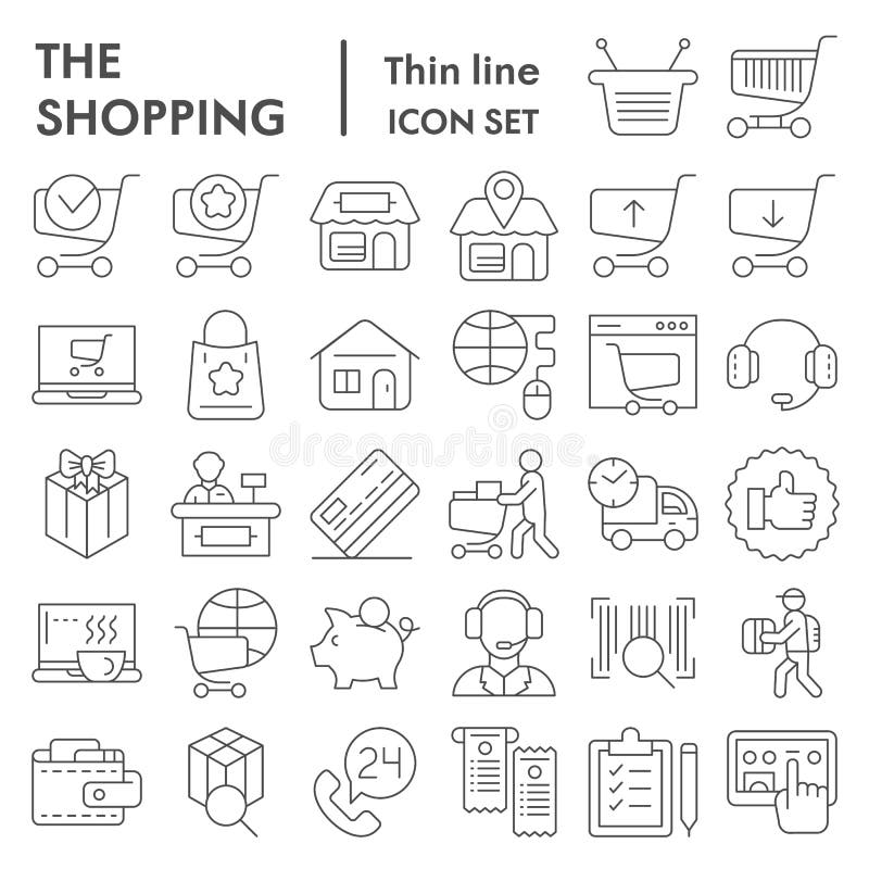 Línea fina en línea que hace compras sistema del icono, símbolos colección, bosquejos del vector, ejemplos de la tienda de Intern stock de ilustración Línea fina en línea que hace compras sistema del icono, símbolos colección, bosquejos del vector, ejemplos de la tienda de Intern stock de ilustración